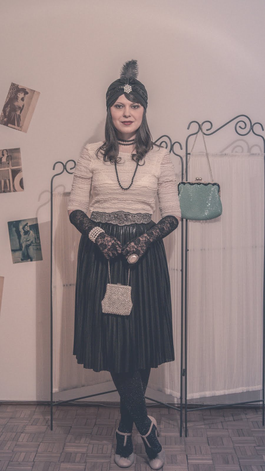 great Gatsby outfit party inspiration pleated skirt stradivarius lace H&M top t strap shoes bata turban roaring 20s style twenties flapper girl cigarette zara belt sparkly black lace gloves