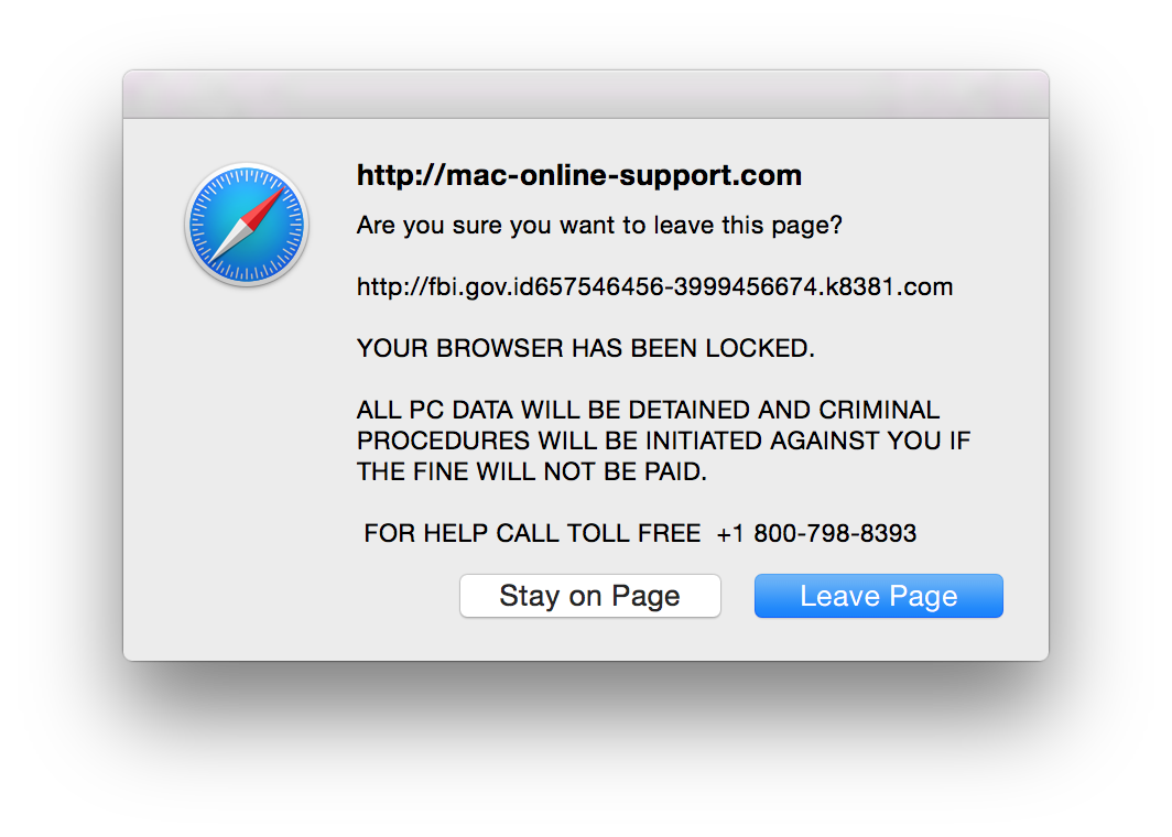 My Safari on Macbook Pro Shows a techsupport Security alert which keeps