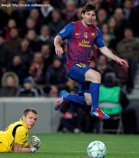 Messi scoring against Leno photo