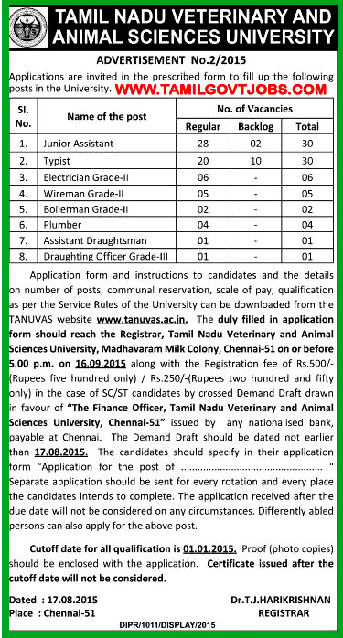 Tamil Nadu Government Jobs: Tamil Nadu Veterinary and Animal Sciences  University - Direct Recruitment Of 79 Non Teaching Vacancy Posts