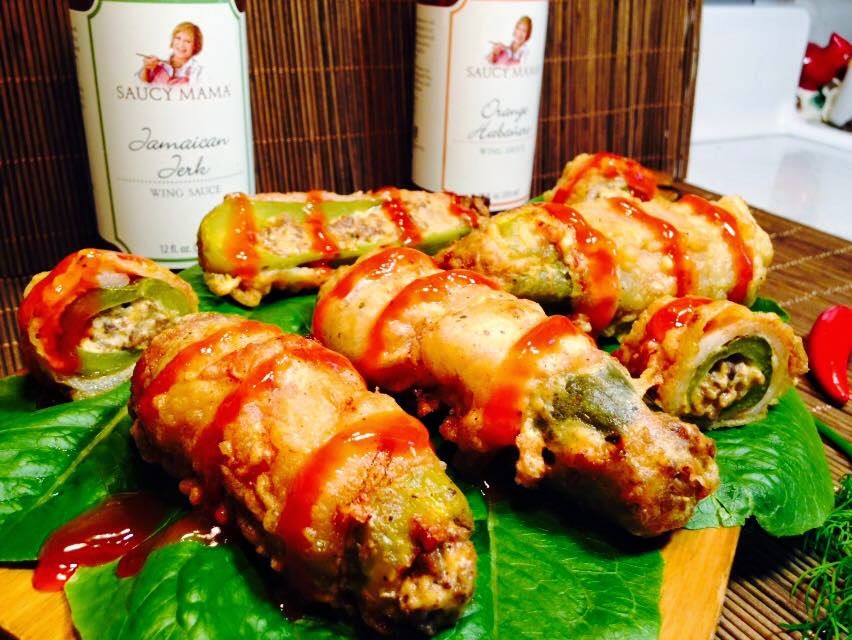 "Fried BaconWrapped Stuffed Dill Pickles" "Fried BaconWrapped