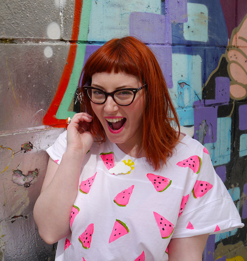 Helen's DIY Style for the Etsy Craft Party Etsy Craft Party, Edinburgh, crafting, diy project, DIY fashion, watermelon print, Warehouse Leopard print coat, New Look jeans, Youth Rise Up skeleton shoes, Sugar and Vice, Sugar & Vice weather necklace, eye bag, googly eye, Scottish Fashion blogger, fashion blogger, blogging duo