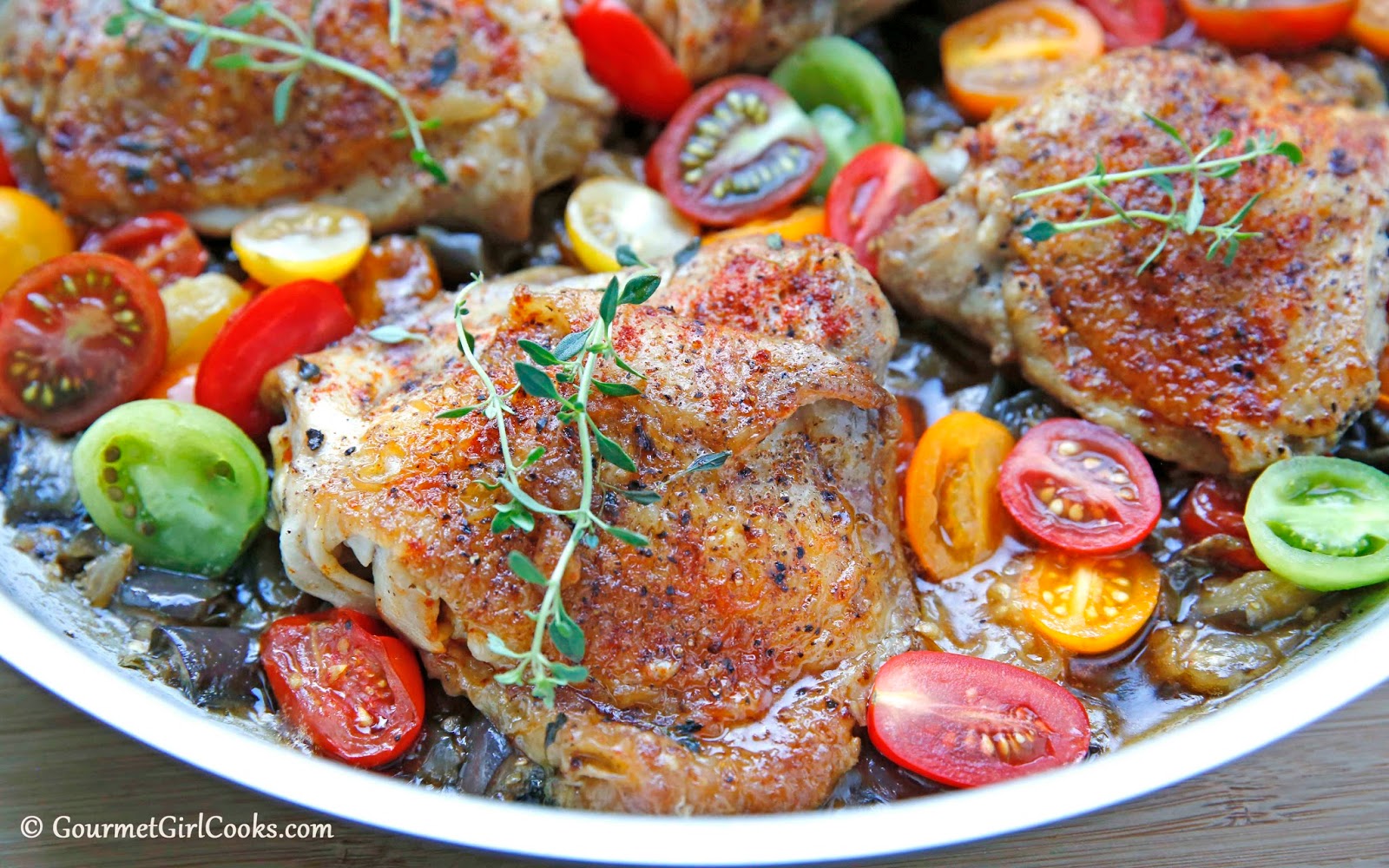 Gourmet Girl Cooks Braised Chicken, Eggplant & Tomatoes A One Pot Meal