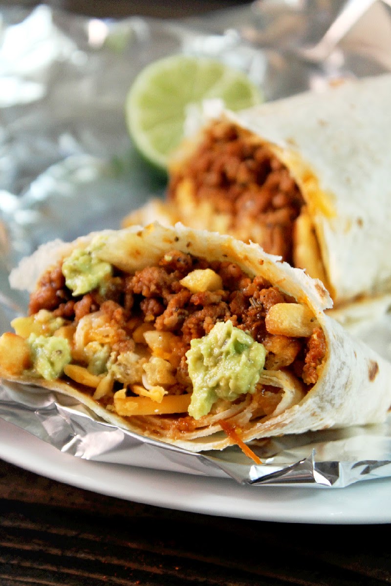 Creole Contessa California Burritos loaded with Cheese, French Fries