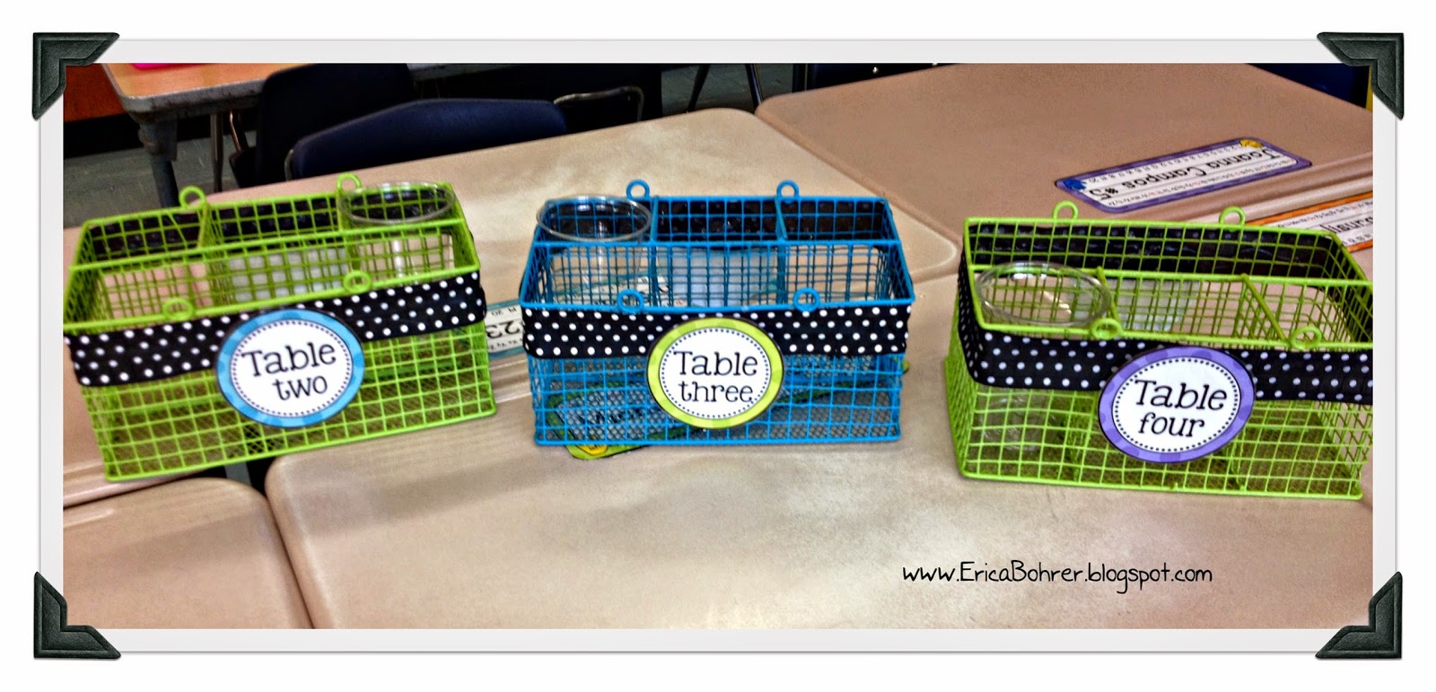 Table Caddies These table caddies are made from picnic utensil organizers from CVS. I then added ribbon and my table labels from my Ultimate Bright Polka Dot Decor Packet.