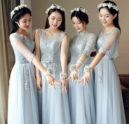 2017 Light Blue 5-Design Lace Bridesmaids Maxi