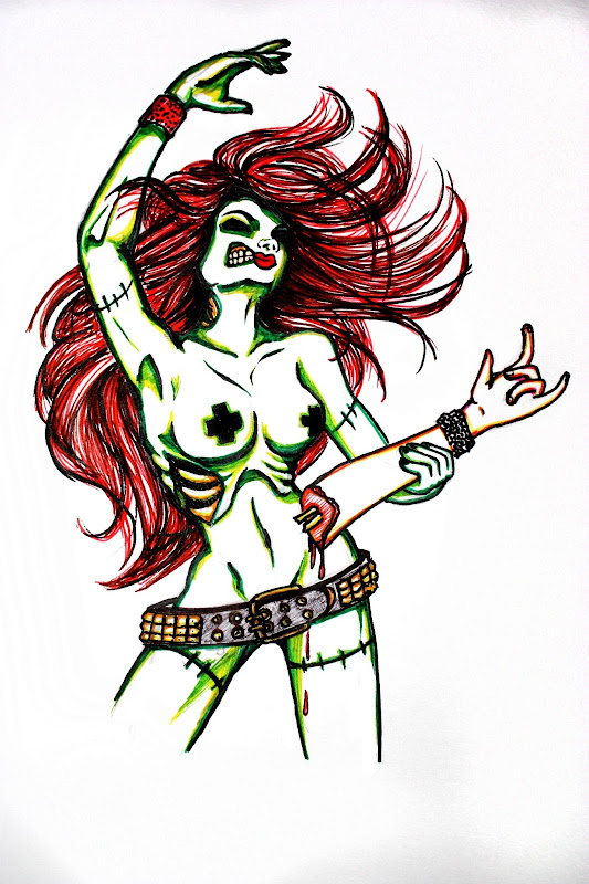 Zombie playing air guitar tattoo design in coloured ink title=
