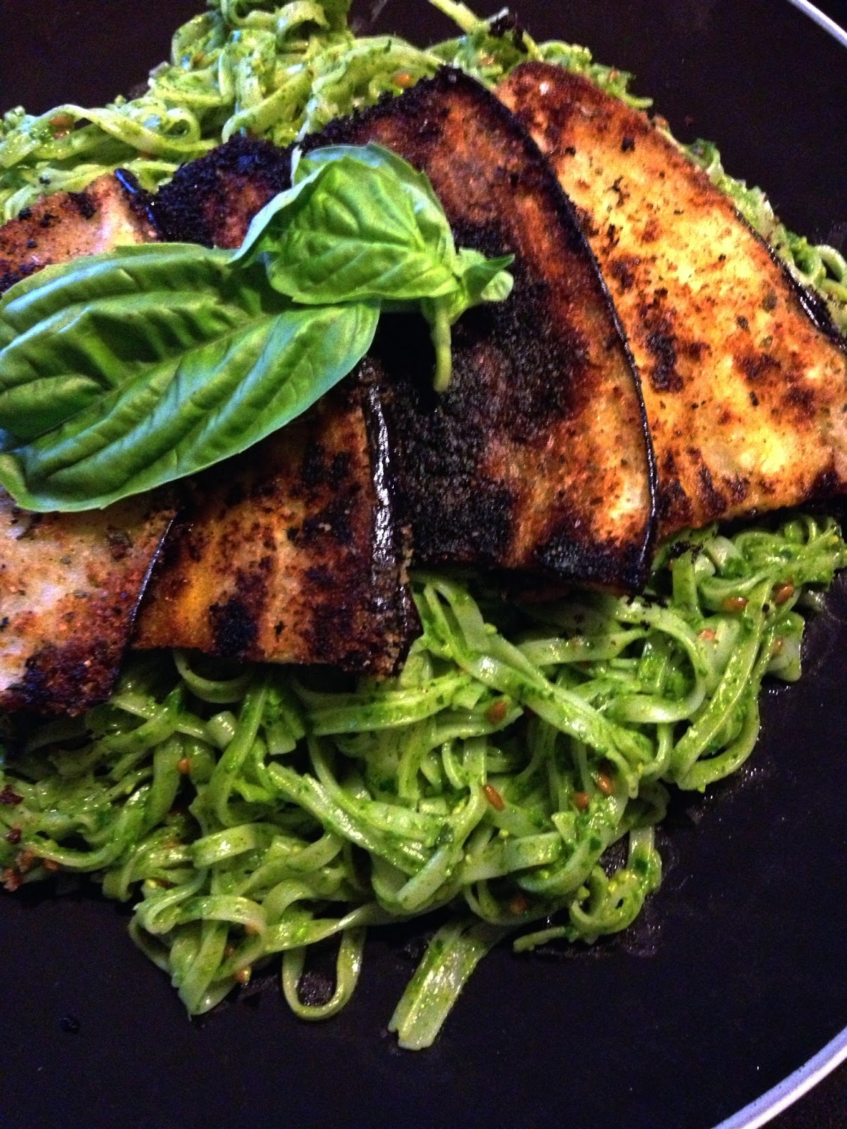 the happy insomniac Panfried Eggplant & Spinach Pesto Pasta (vegan)