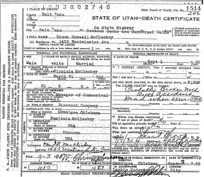 Green Russell McCleskey, Virginia McCleskey, Salt Lake City, Utah, Okmulgee, Oklahoma, genealogy, family history, research, death certificate Green Russell McCleskey, Virginia McCleskey, Salt Lake City, Utah, Okmulgee, Oklahoma, genealogy, family history, research, death certificate