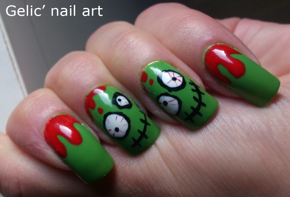 Gelic' nail art Cute n’ crazy green bloody zombie nail art
