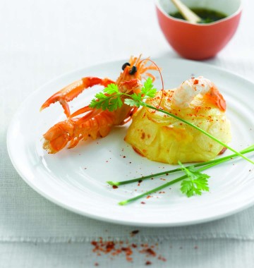 Langoustines sauce vierge et chartreuse de pommes de terre 