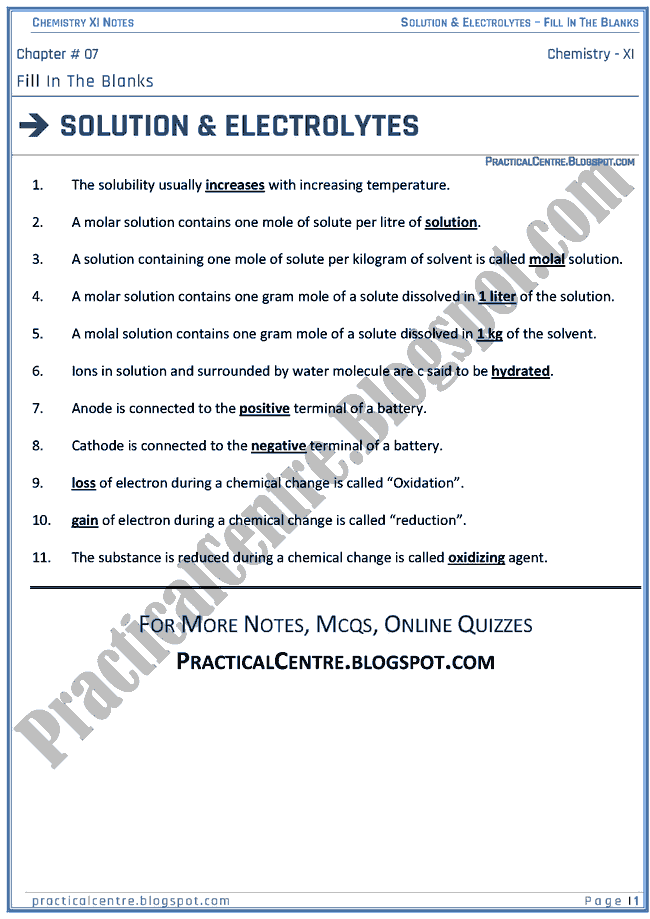 Solutions And Electrolytes - Blanks - Chemistry XI