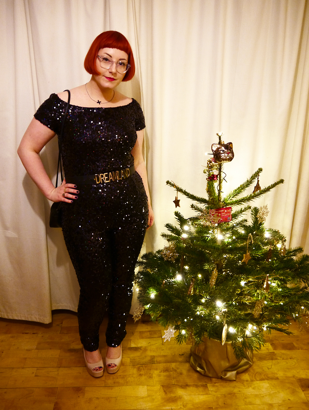 New Year's Eve Party Style What Helen Wore, Styled by Helen, New Year's eve outfit, hogmanay style, NYE style, 2016, sequin jumpsuit, French Connection, TK Maxx, Dreamland belt, party outfit, party style, sequin style, Little black dress alternative, festive party style, tatty devine kiss necklace, new look platform shoes, 70s sequin style, red head, scottish blogger, blogging duo, ginger bob, Iolla glasses, #seewithiolla, clear glasses