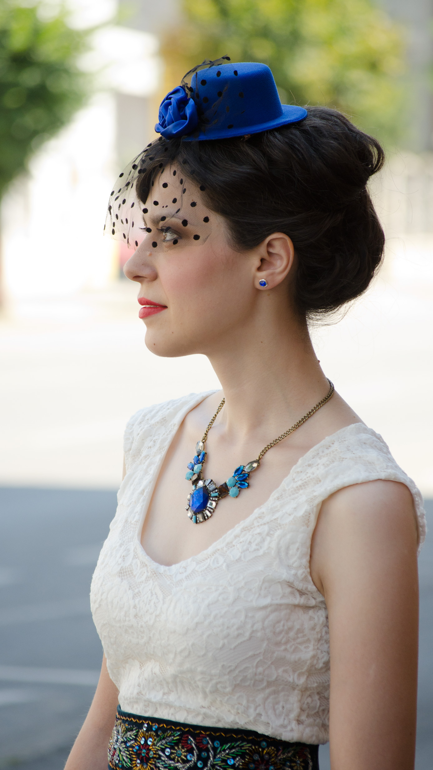 maxi dress cobalt blue white lace statement necklace blue topper hat wedding attire handmade waistband