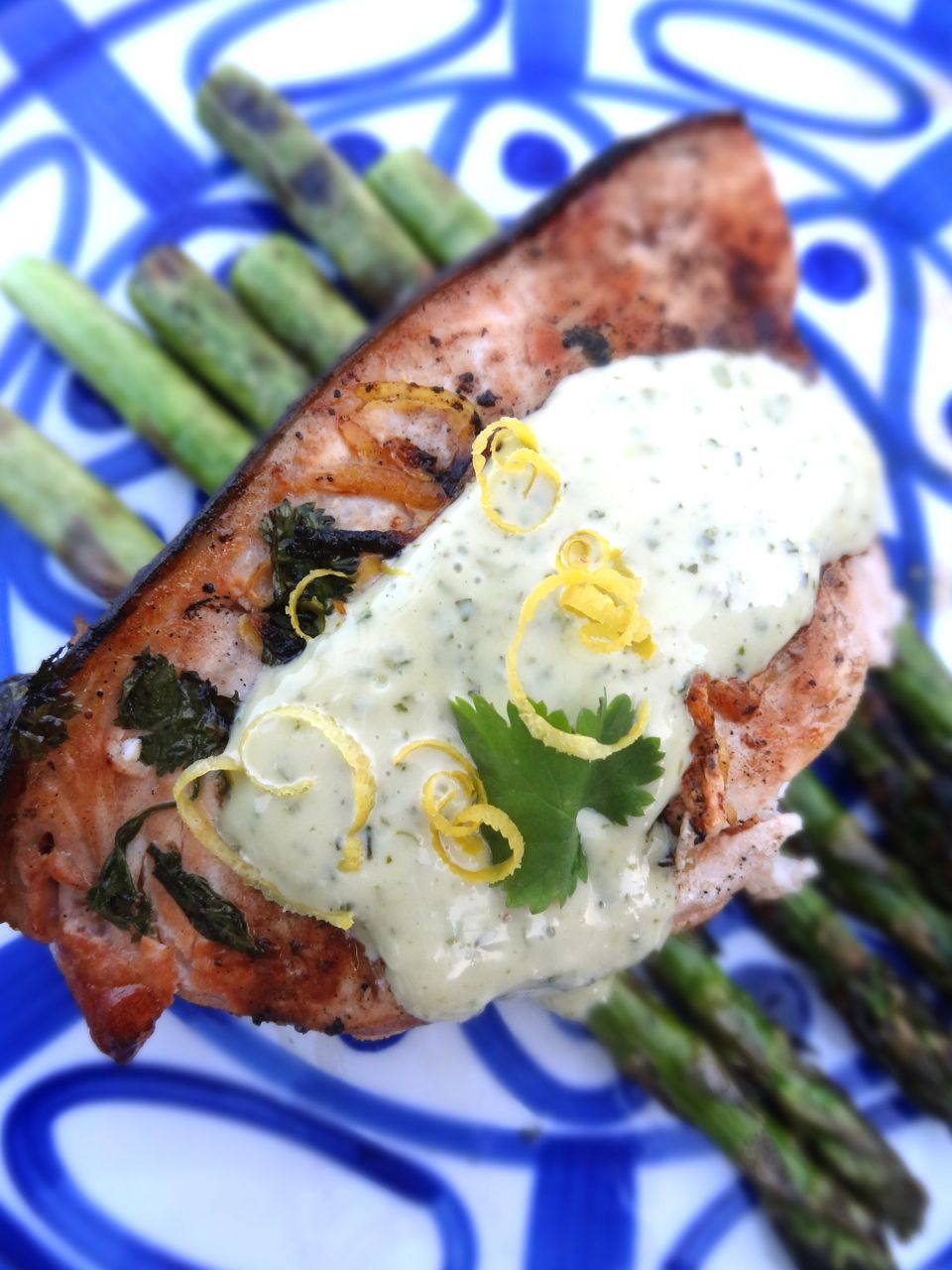 Scrumpdillyicious Grilled Swordfish & Asparagus with Pesto Sauce