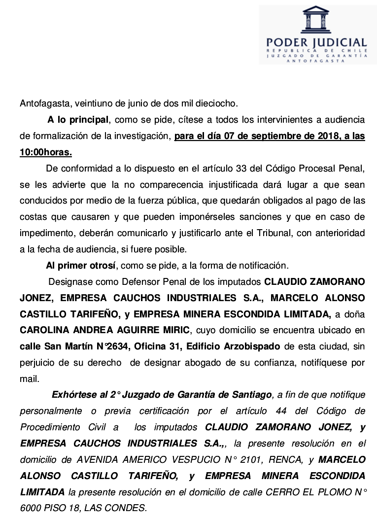 IMPUTADOS PENALMENTE GERENTES DE EMPRESAS MINERA ESCONDIDA, Y CAUCHOS INDUSTRIALES (CAINSA).