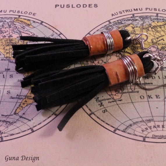 gunadesign guna andersone Eco jewelry- Natural birch bark and black suede tassel earrings