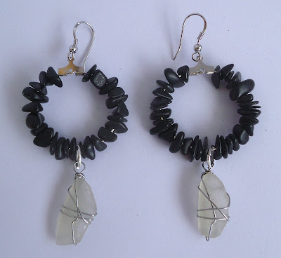 Handmade black stone and white seaglass hoop earrings Handmade black stone and white seaglass hoop earrings