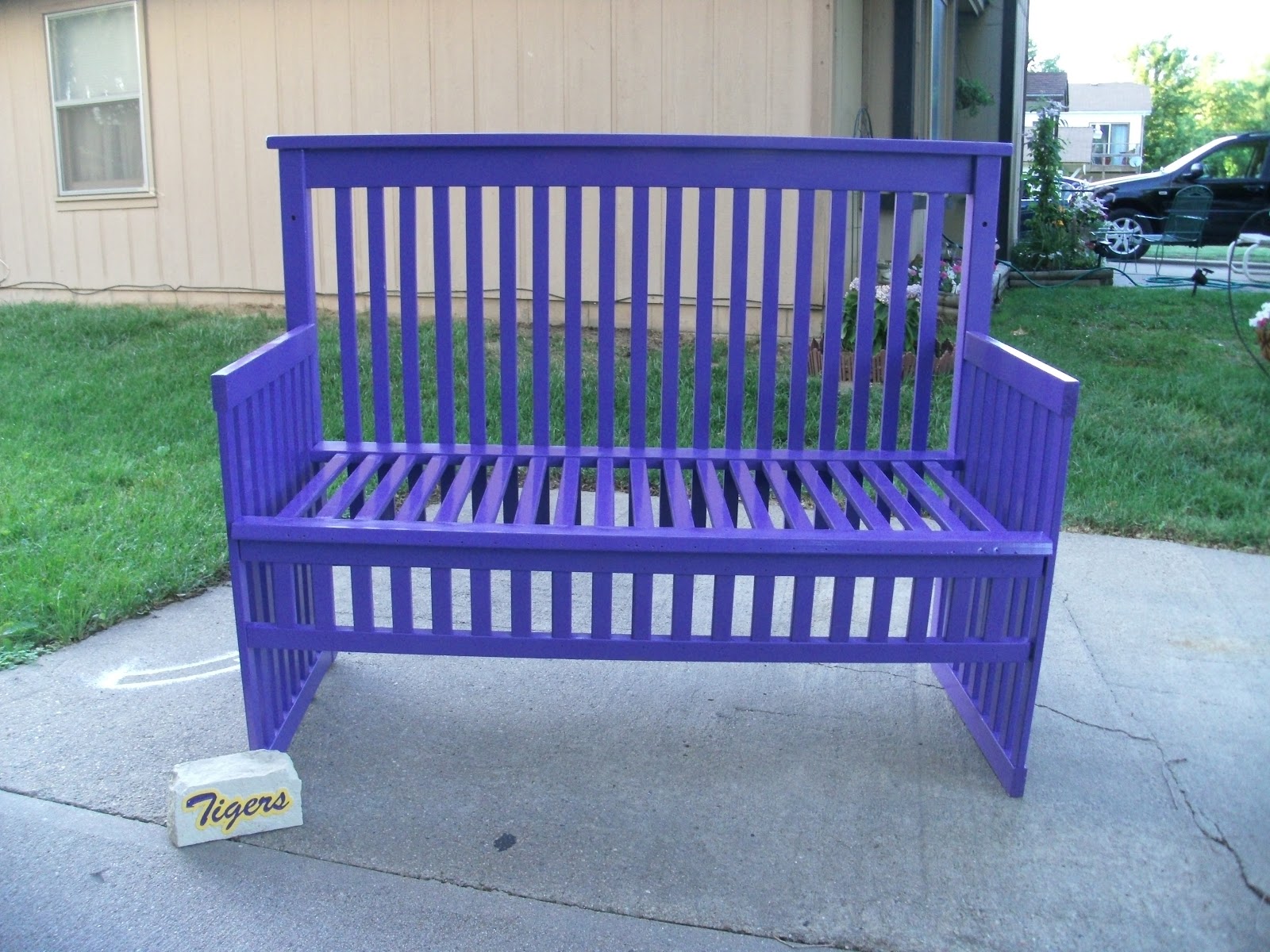 bench made from old baby crib