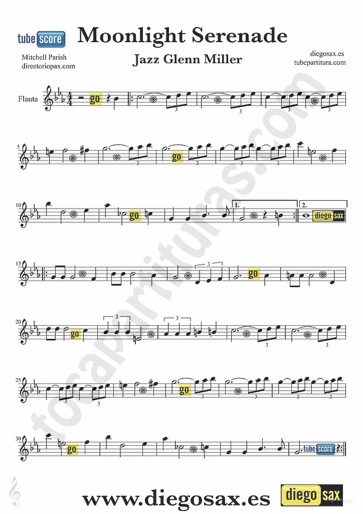 tubescore Moonlight Serenade Sheet Music for Flute and Recorder Glenn Miller Jazz Music Score