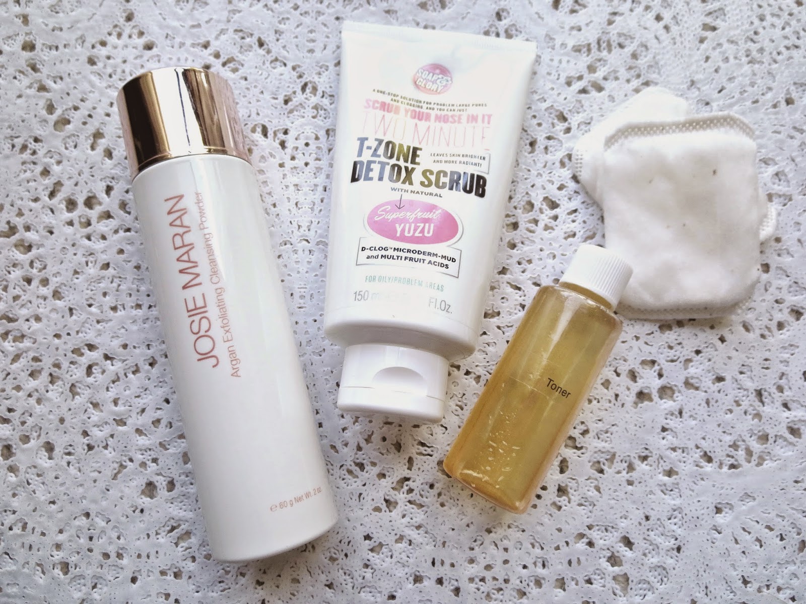 a picture of Josie Maran Argan Exfoliation Cleansing Powder, Soap& Glory Scrub Your Nose in it, ACV Toner
