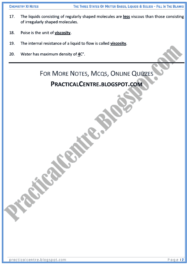 Three States Of Matter Gases, Liquid And Solids - Blanks - Chemistry XI