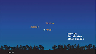 Tonight, Mercury, Venus, furthermore Jupiter will be visible near the western horizon.