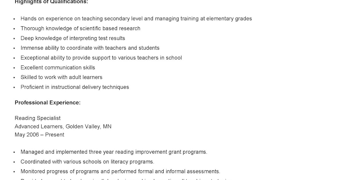 reading specialist resumes