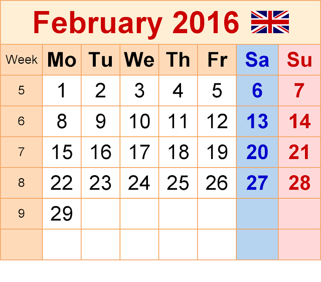 February 2016 Calendar with UK Holidays Free, February 2016 Printable Calendar Cute Word Excel PDF Template Download Monthly, February 2016 Blank Calendar Weekly