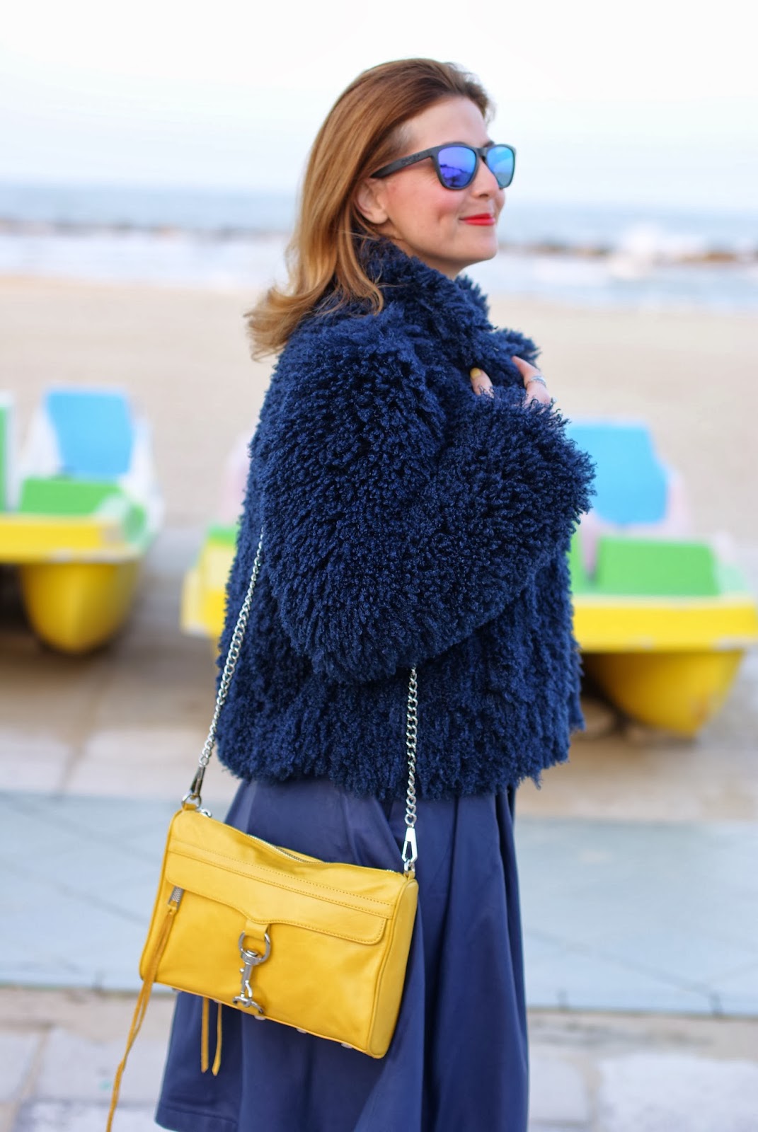 Blue faux fur jacket, yellow Rebecca Minkoff M.A.C. clutch, Fashion and Cookies, fashion blogger