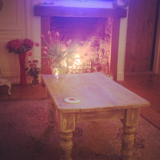 Roaring Open Fire with Shabby Chic Painted table