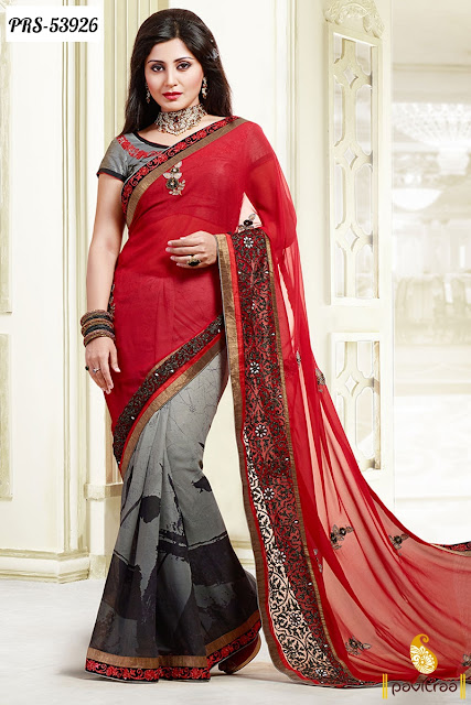 Red Color georgette actress heroine Rimi Sen designer sarees online shopping in low rate