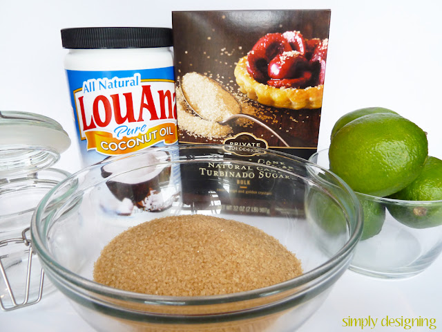Ingredients to make raw sugar scrub - A mixing bowl with raw sugar in it, a bowl with limes in it and the jar of coconut oil