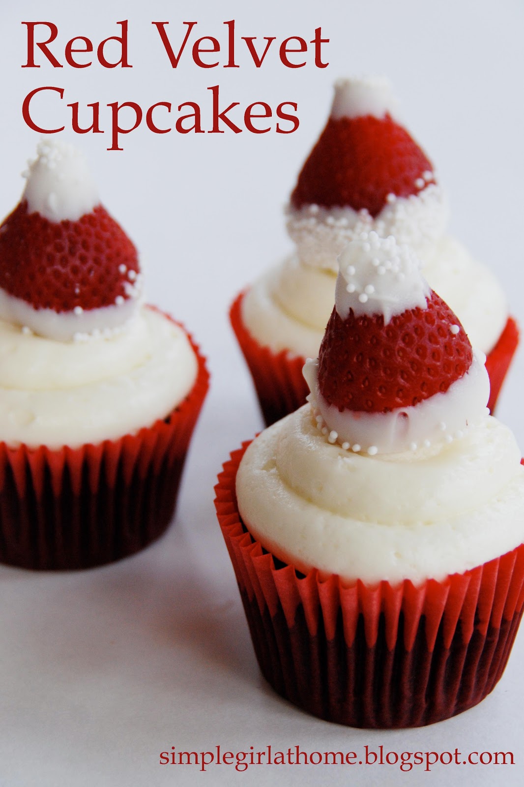Red Velvet Cupcakes with Strawberry Santa Hats