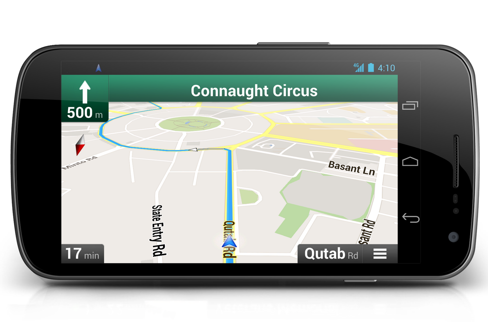 Turn-by-turn voice navigation in New Delhi, India. Biking directions and Map