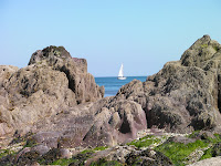 yacht through rocks on cawsand beach at low tide