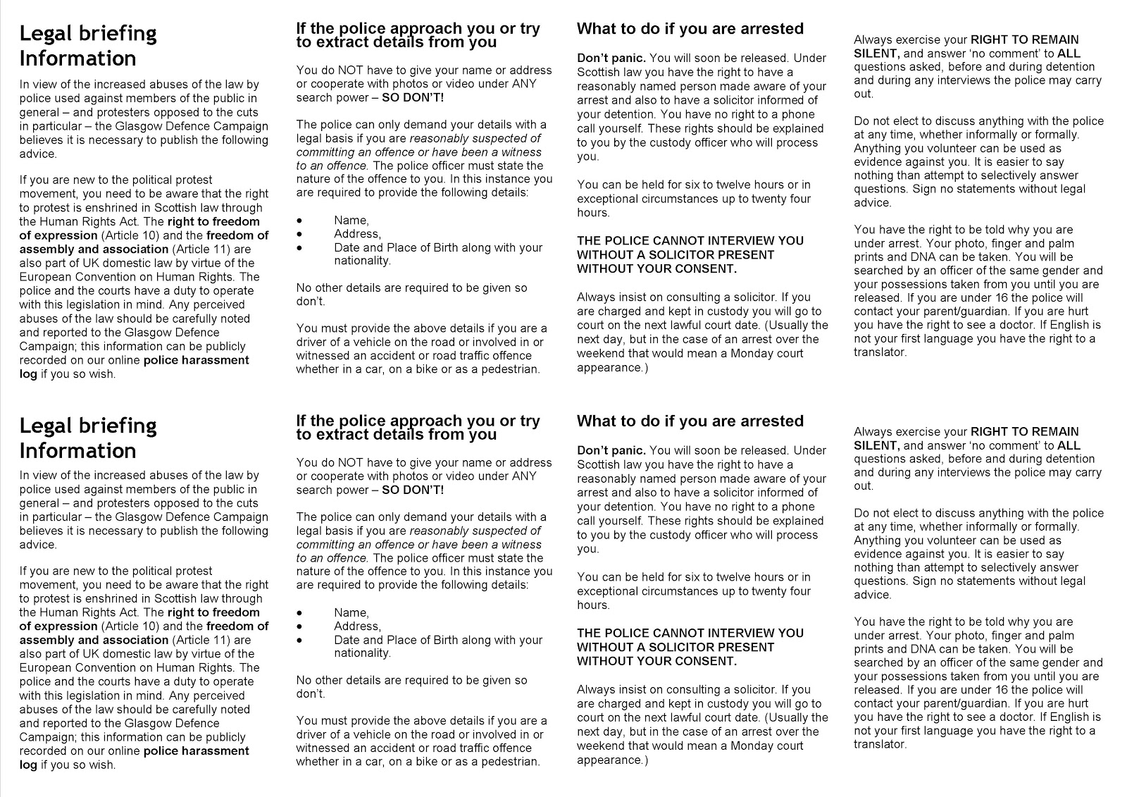 Glasgow Defence Campaign Know your rights! Bust card