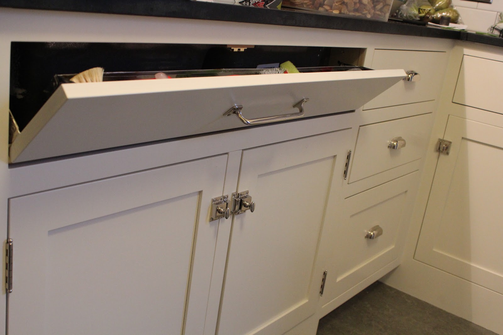 Kitchen cabinet slide outs Sponge Tip Out Tray