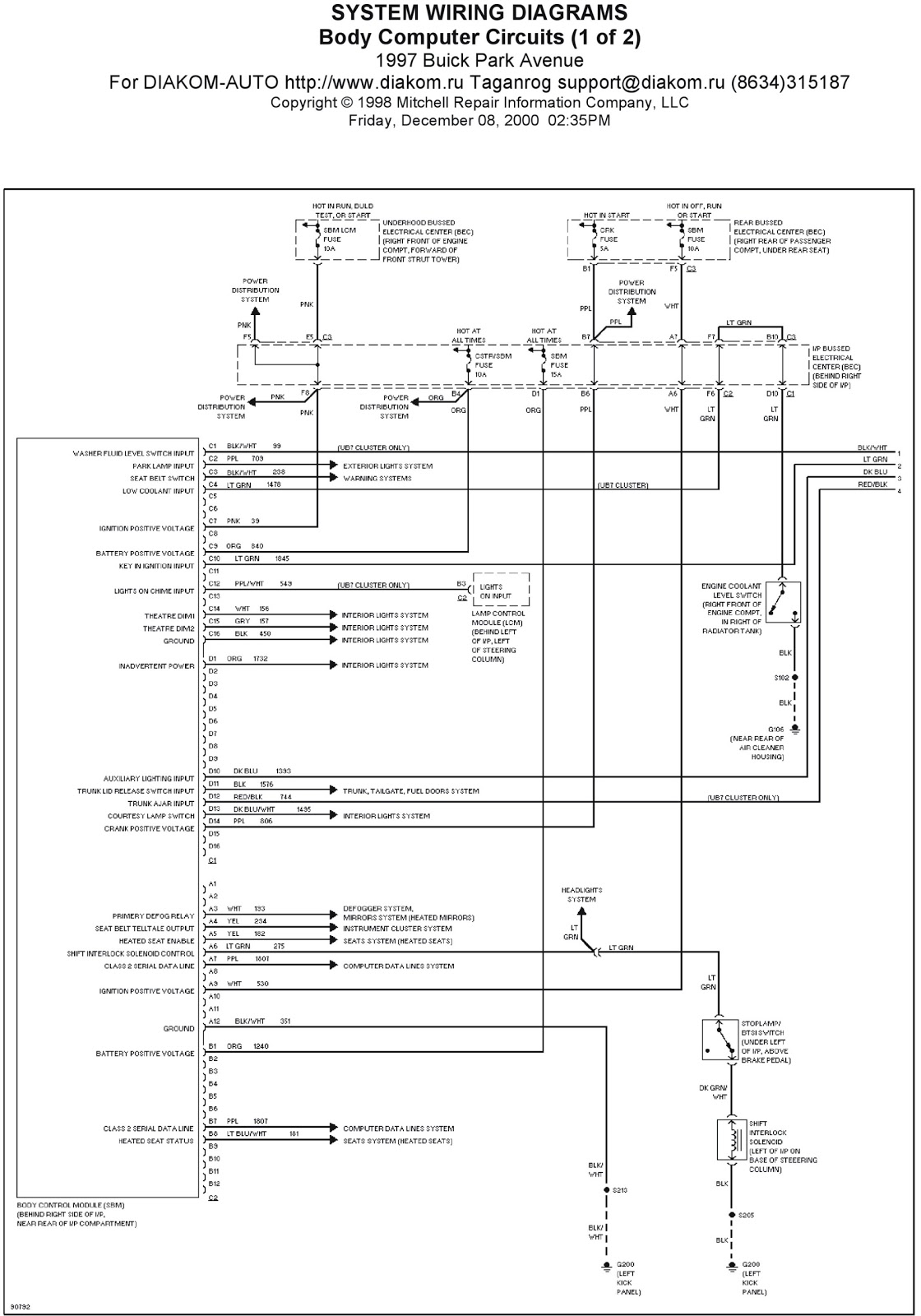 1997 Buick Park Avenue System Wiring Diagrams Body