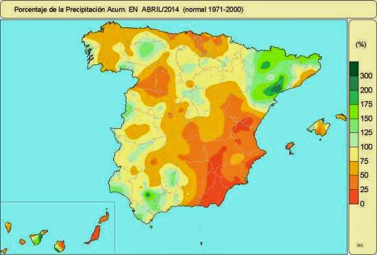 Porcentaje de precipitación acumulada respecto a la media en abril 2014. Porcentaje de precipitación acumulada respecto a la media en abril 2014.