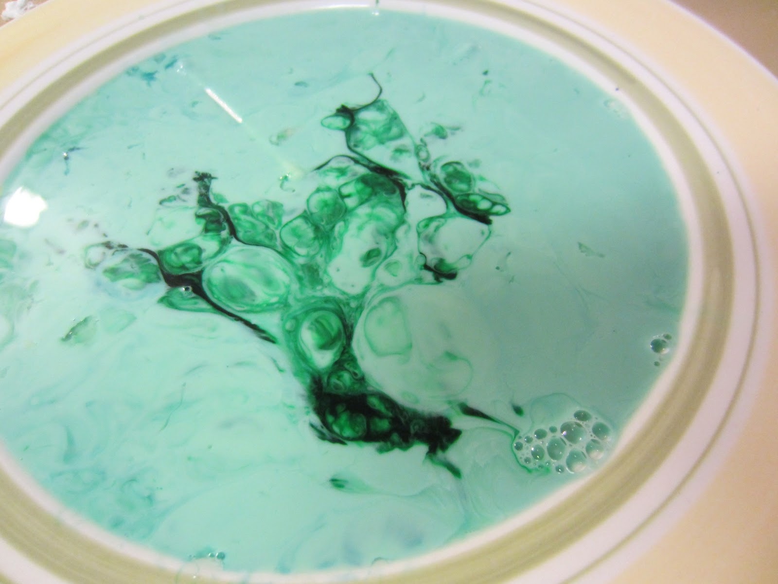 My Three Boys qtip and milk, dish soap and food coloring