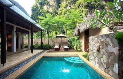 The Banjaran Hotsprings Retreat is surrounded by majestic limestone hills and lush tropical foliage.