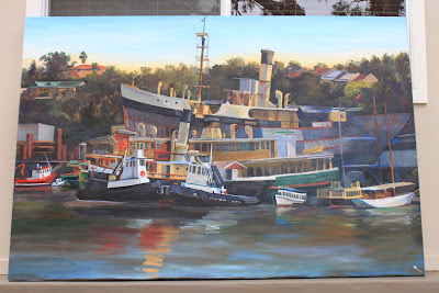 plein air painting of the Sydney Heritage Fleet from Blackwattle Bay painted by industrial heritage artist Jane Bennett