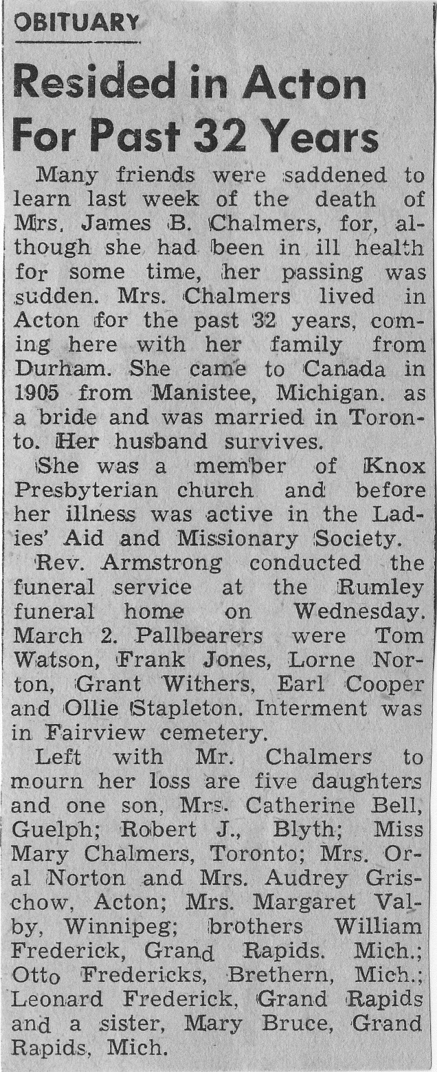 Sunday's Obituary Emma Fredrick Chalmers