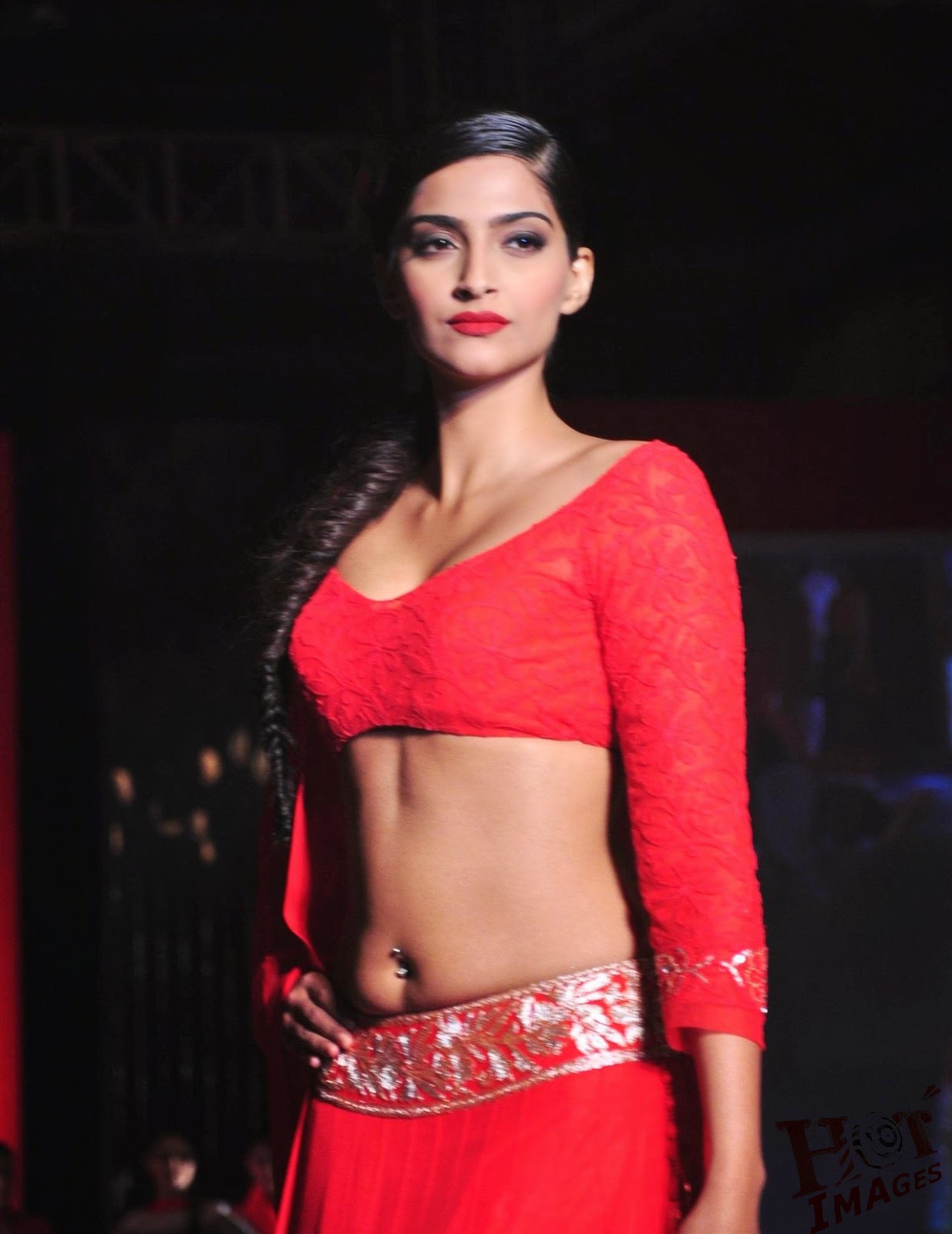 Sexy Sonam Kapoor Hot Navel Show Photos in Red Dress - HOT IMAGES