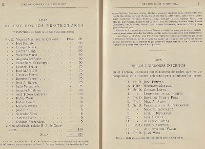 Páginas 12 y 13 del libro del Torneo de Ajedrez para el Campeonato de Barcelona de 1913