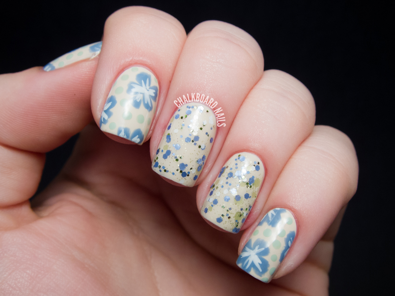 vintage glitter floral with silly bee s chickadees floral nail art