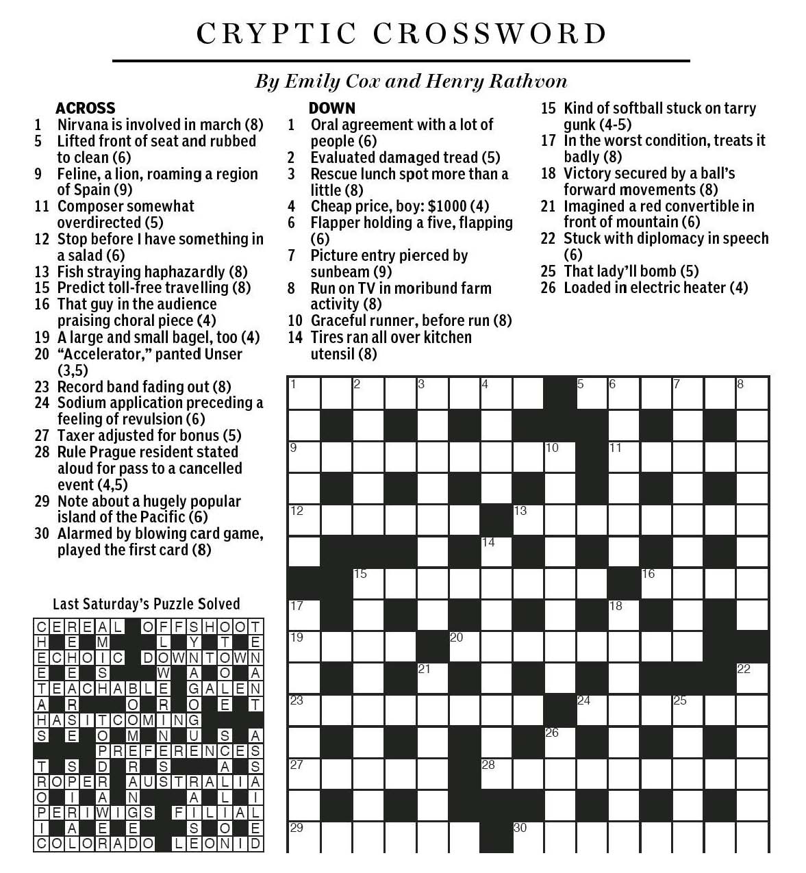 National Post Cryptic Crossword Forum Saturday, October 3, 2015 — The