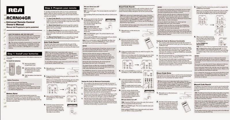 RCA UNIVERSAL REMOTE RCRN04GR INSTRUCTION MANUAL