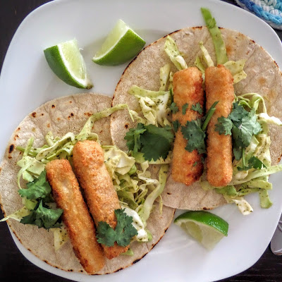 Fish Sticks Tacos:  A quick dinner fix of fish tacos made with fish sticks and slaw on corn tortillas.